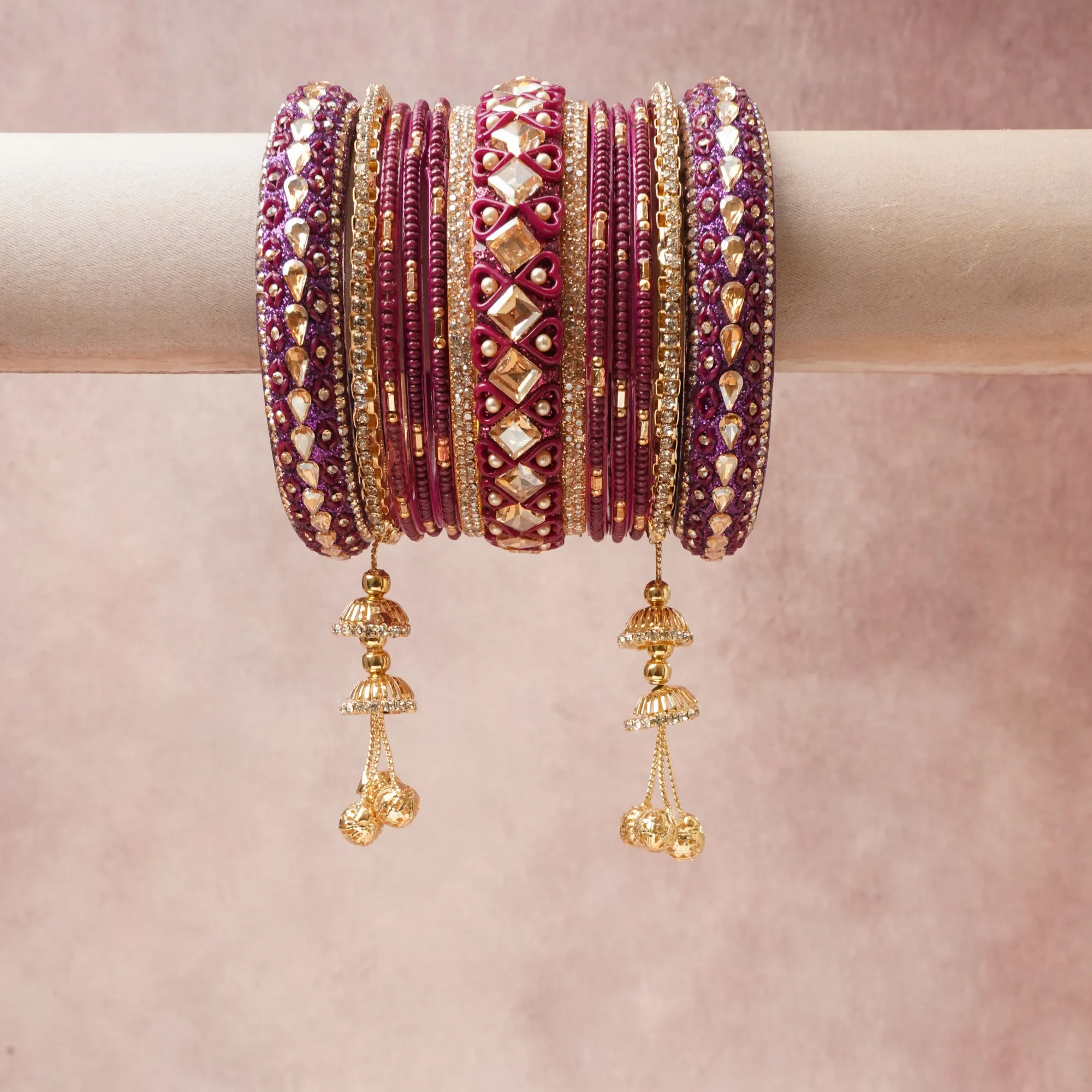 A commanding Deep Magenta anchors this beautiful set, enriched with accents of Gold, Clear, Pearl White that add depth and dimension.

Featuring a striking composition of Lac, Glass Crystals, Faux Pearls, Gold-toned Metal, Glass, this set carries intricate craftsmanship and strong presence. Grand in form, it is created for moments that deserve to be marked.